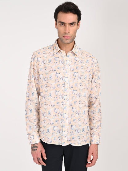 Digital Print Linen Blend Shirt Peach