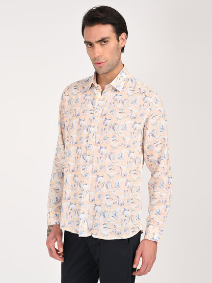 Digital Print Linen Blend Shirt Peach