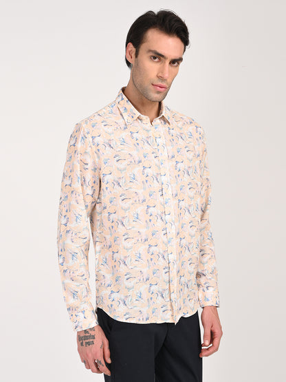 Digital Print Linen Blend Shirt Peach