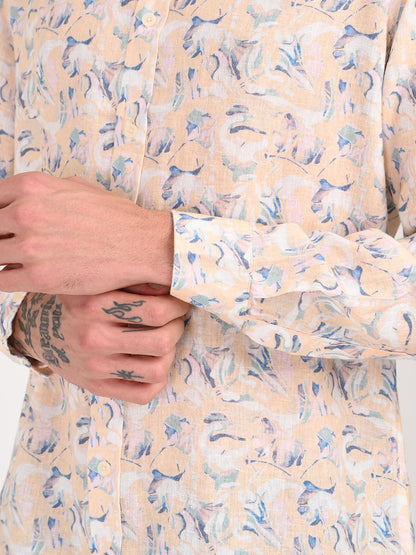 Digital Print Linen Blend Shirt Peach