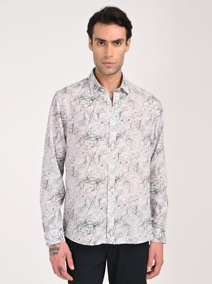 Digital Print Linen Blend Shirt White