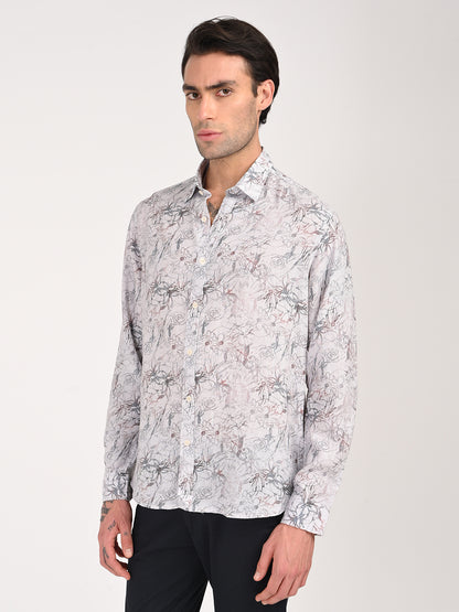 Digital Print Linen Blend Shirt White