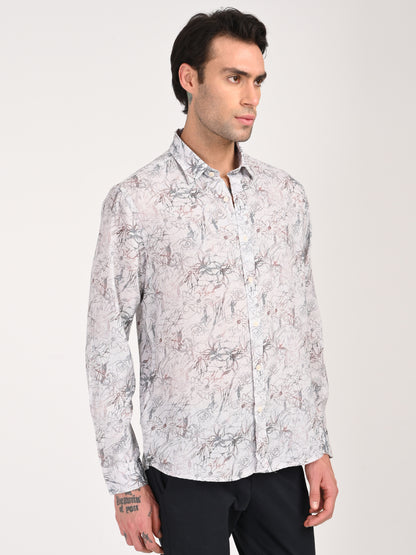 Digital Print Linen Blend Shirt White