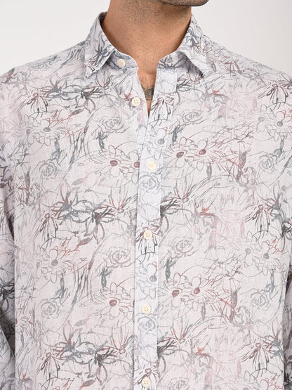 Digital Print Linen Blend Shirt White