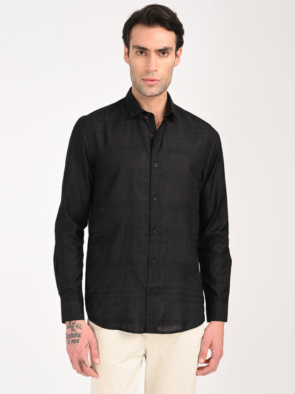 Slim Fit Nylon Self-Design Shirt Black
