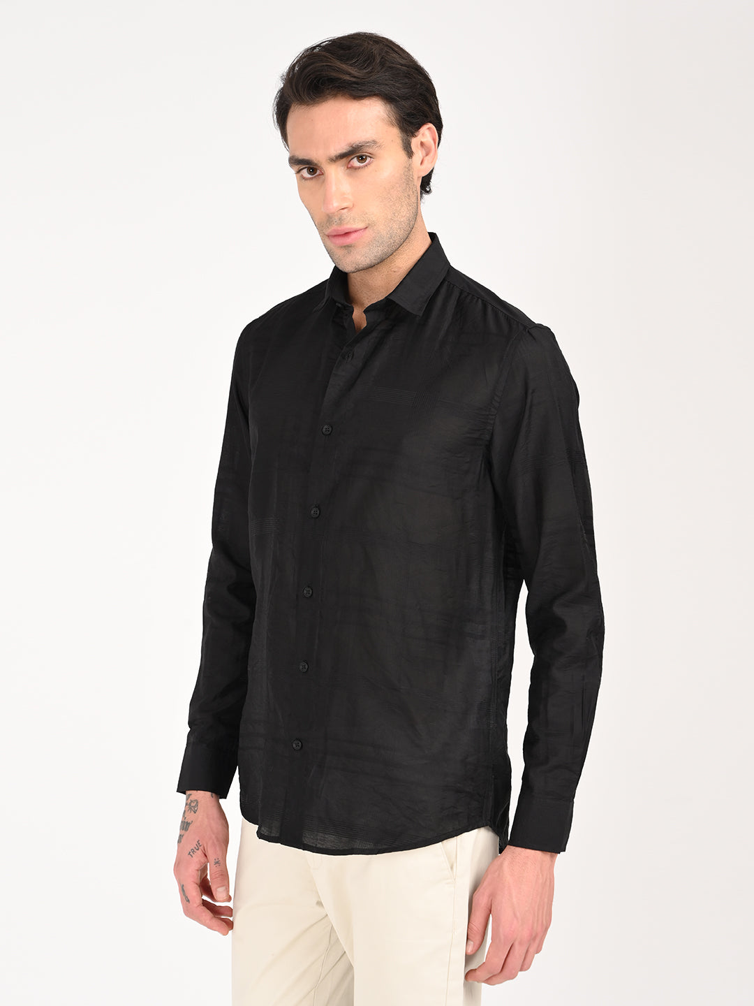 Slim Fit Nylon Self-Design Shirt Black