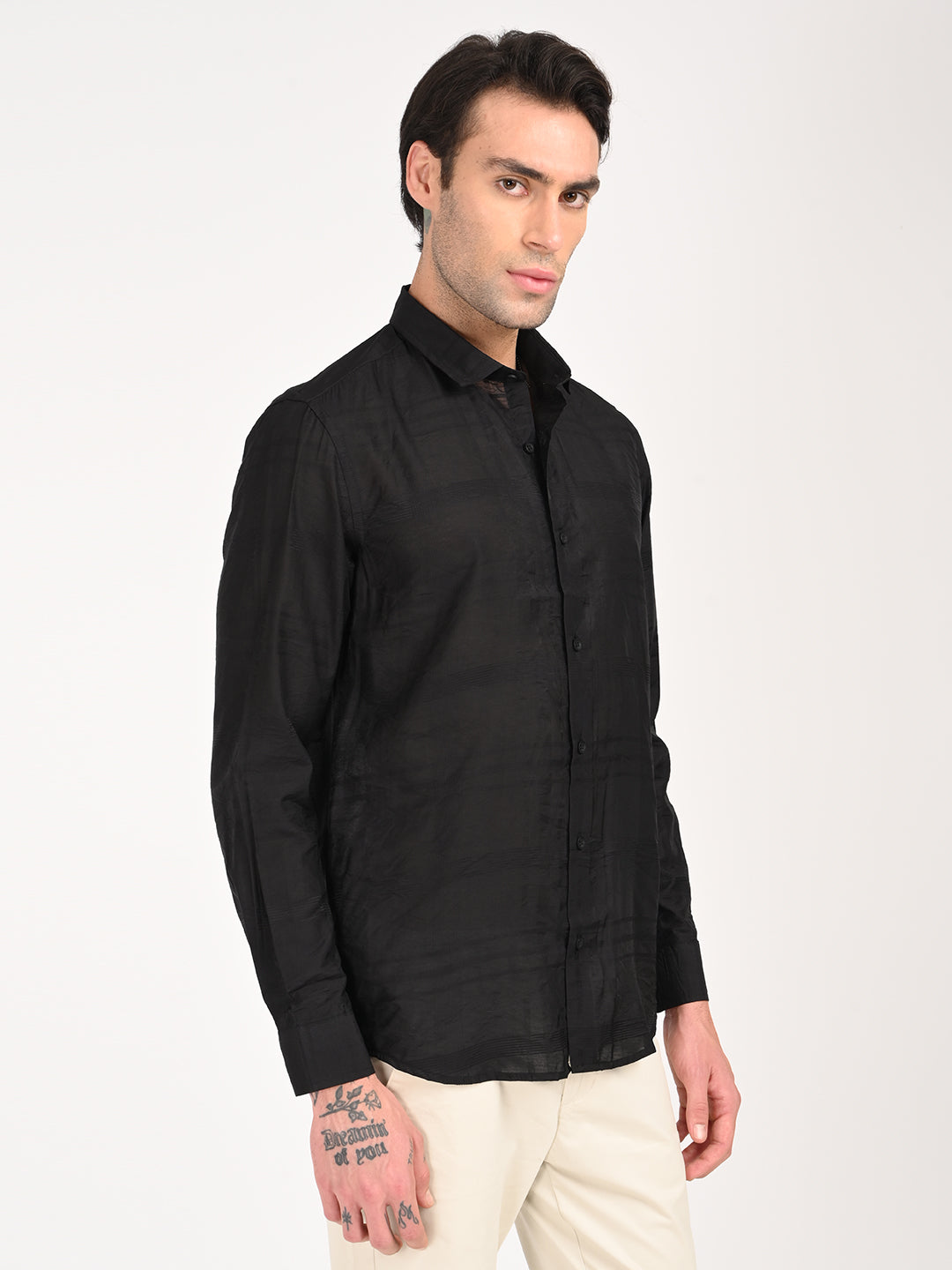 Slim Fit Nylon Self-Design Shirt Black