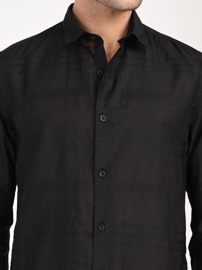 Slim Fit Nylon Self-Design Shirt Black