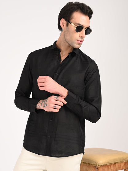 Slim Fit Nylon Self-Design Shirt Black