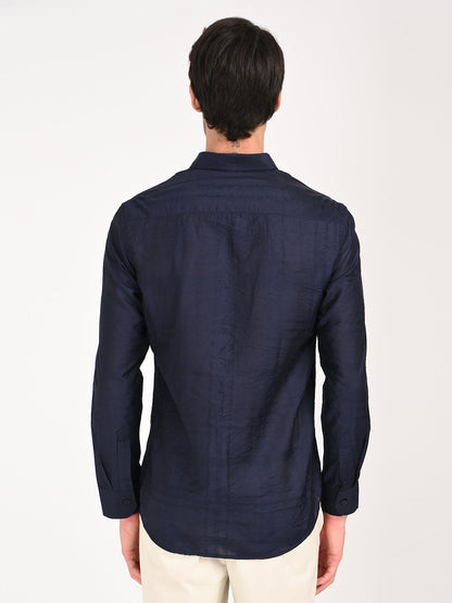 Slim Fit Nylon Self-Design Shirt Navy