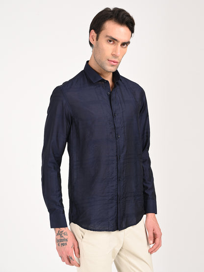 Slim Fit Nylon Self-Design Shirt Navy