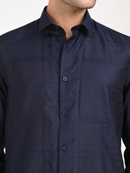 Slim Fit Nylon Self-Design Shirt Navy