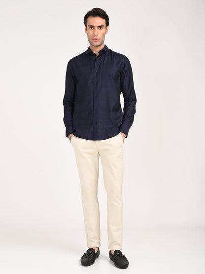 Slim Fit Nylon Self-Design Shirt Navy