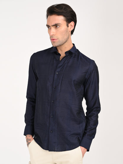Slim Fit Nylon Self-Design Shirt Navy