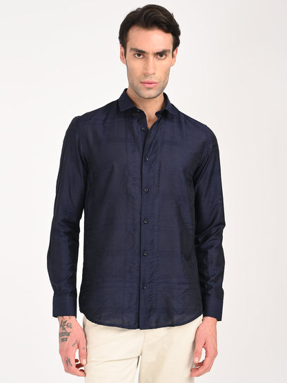 Slim Fit Nylon Self-Design Shirt Navy
