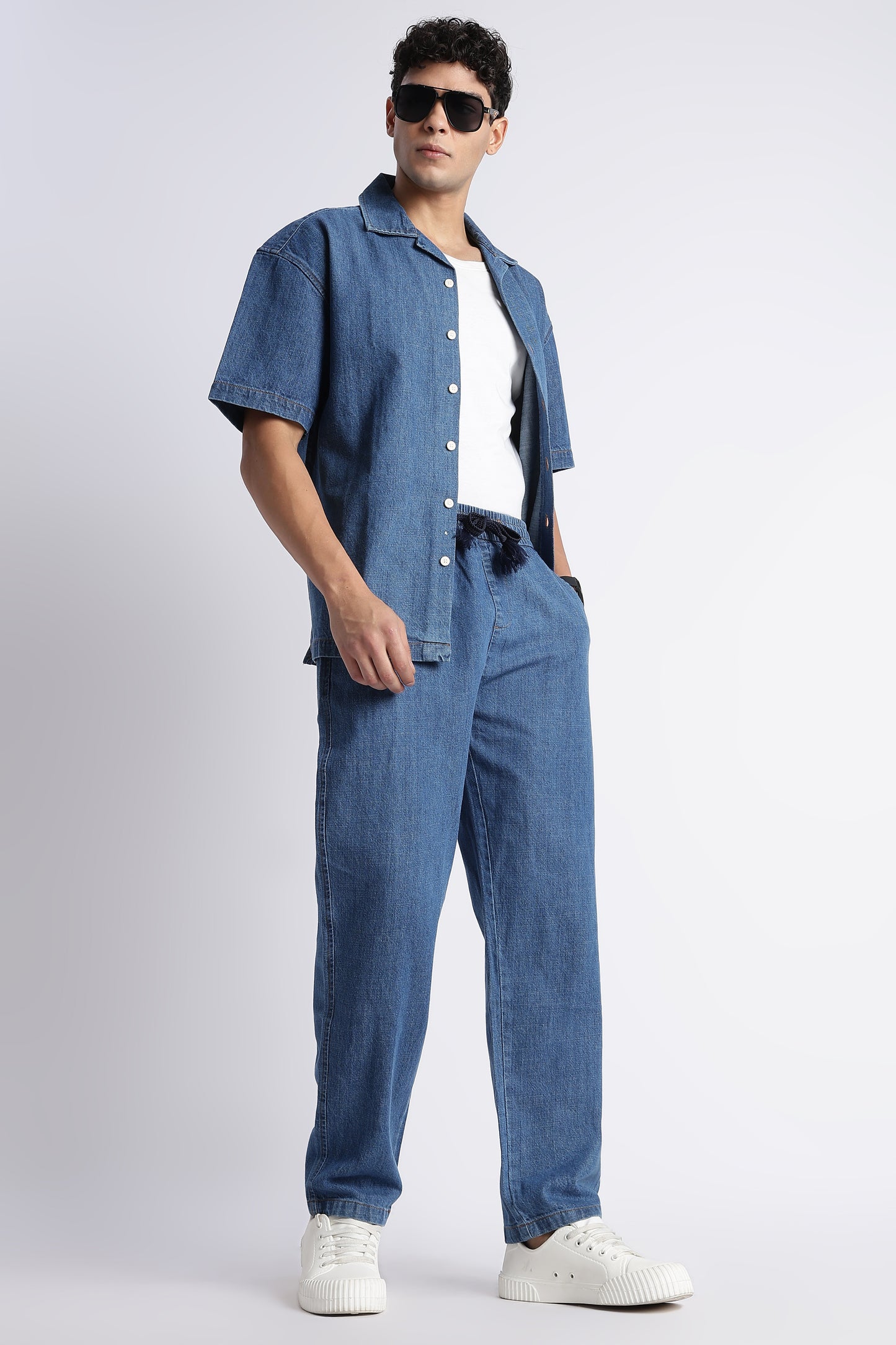 Mid Blue Drawstring Denim Pants