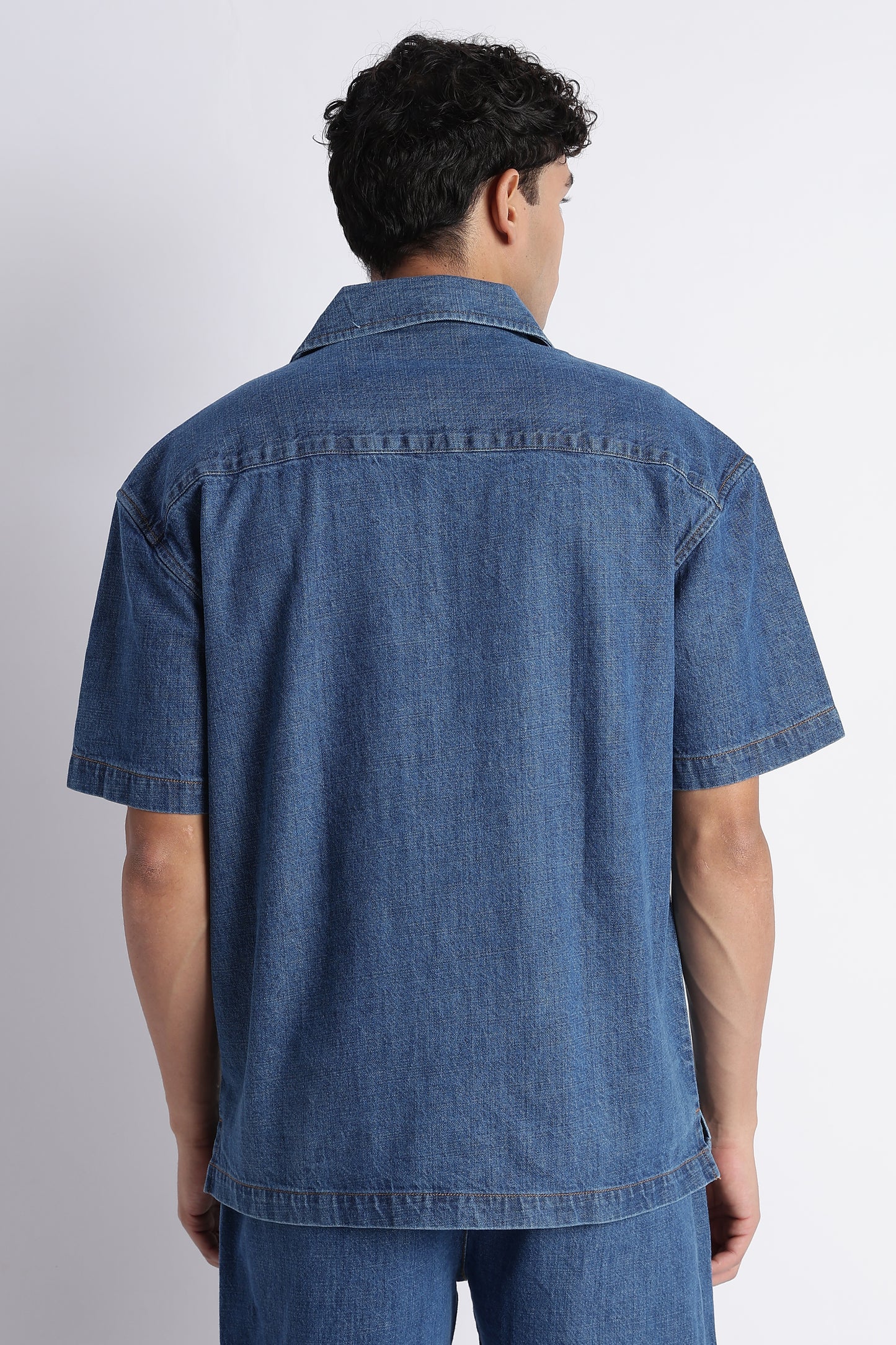 Mid Blue Denim Cuban Collar Shirt