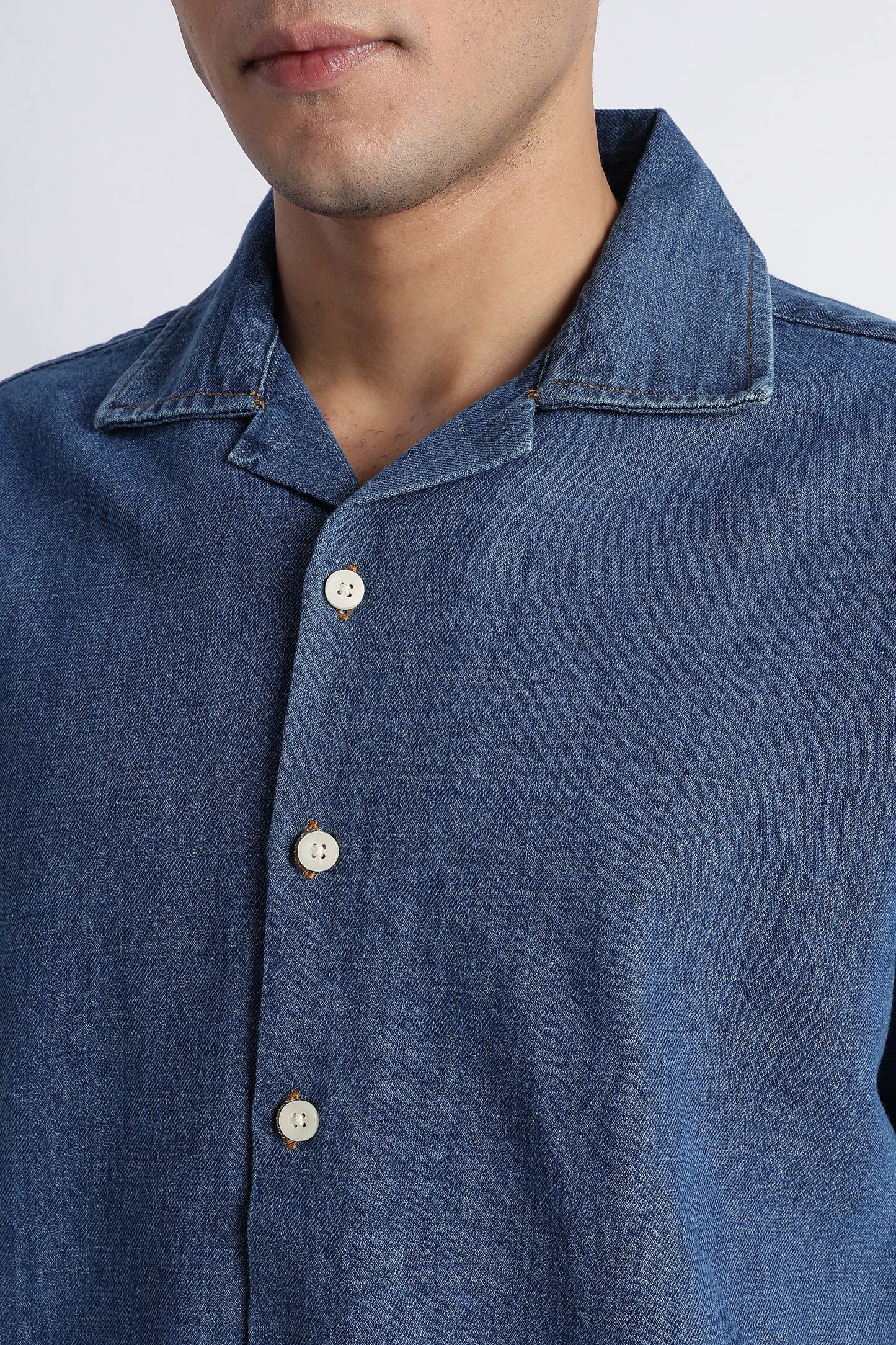 Mid Blue Denim Cuban Collar Shirt