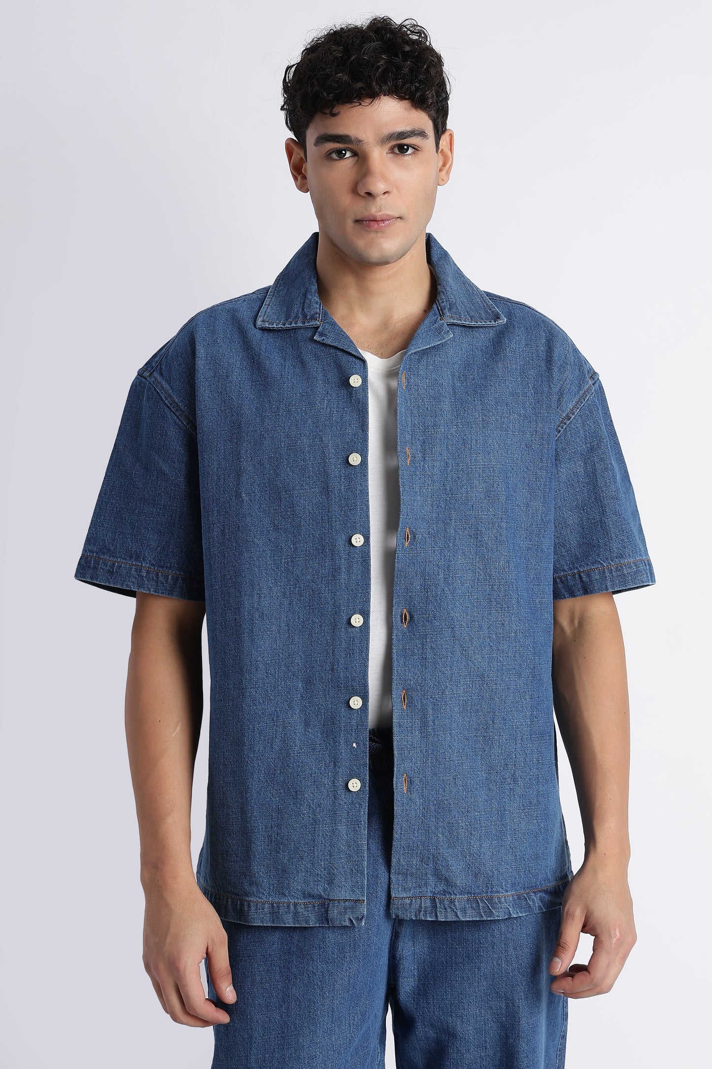 Mid Blue Denim Cuban Collar Shirt