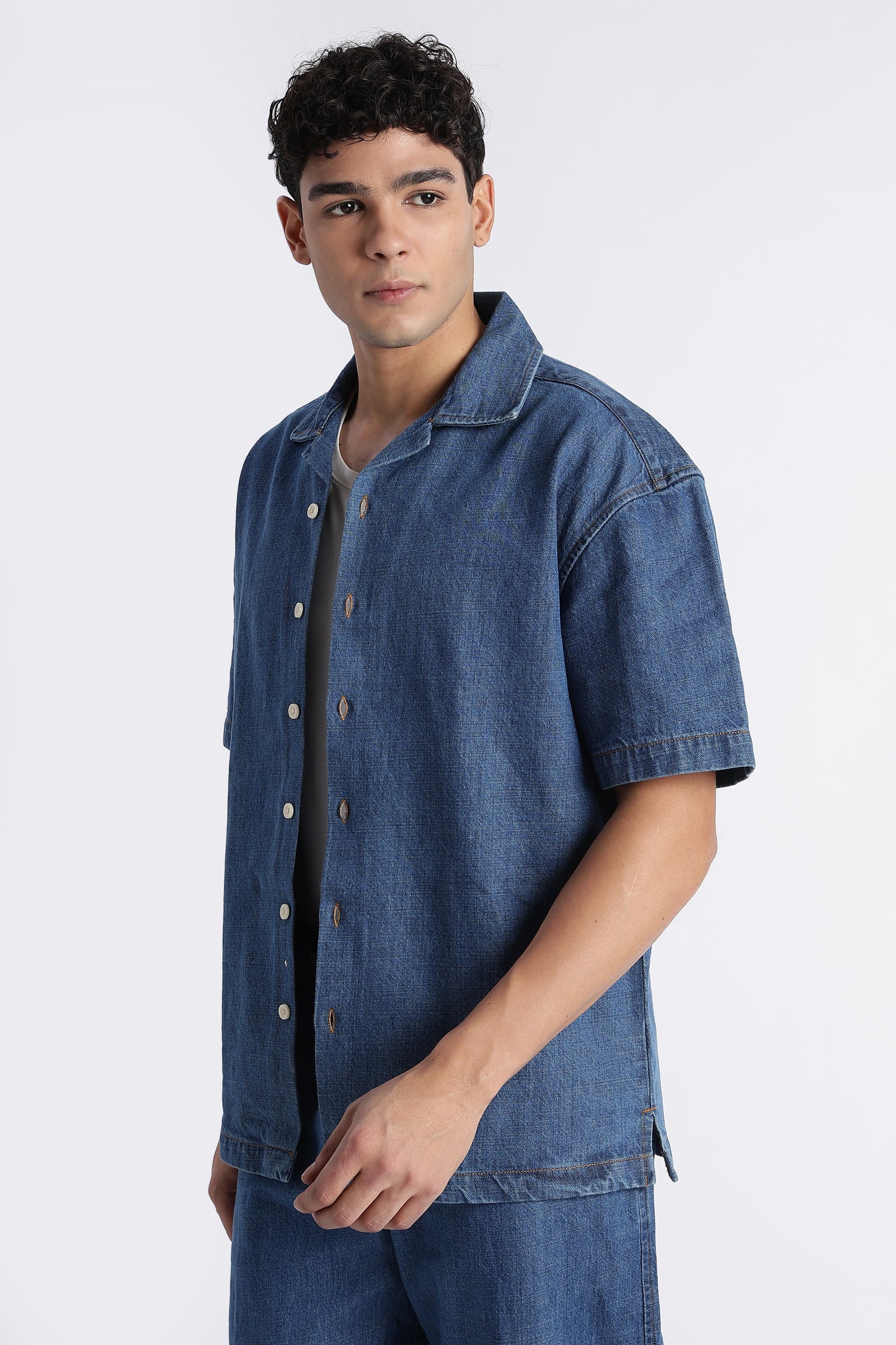 Mid Blue Denim Cuban Collar Shirt