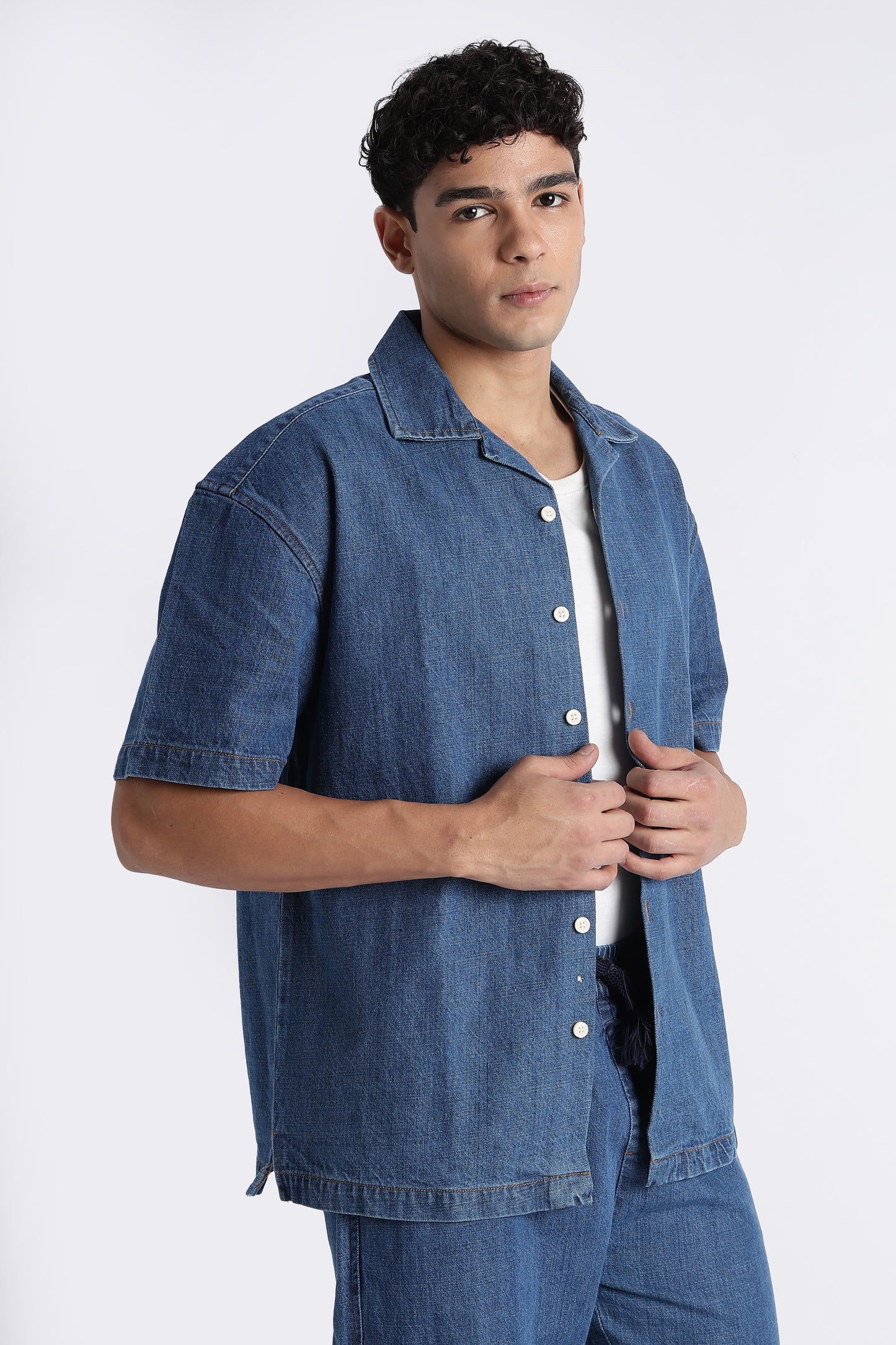 Mid Blue Denim Cuban Collar Shirt