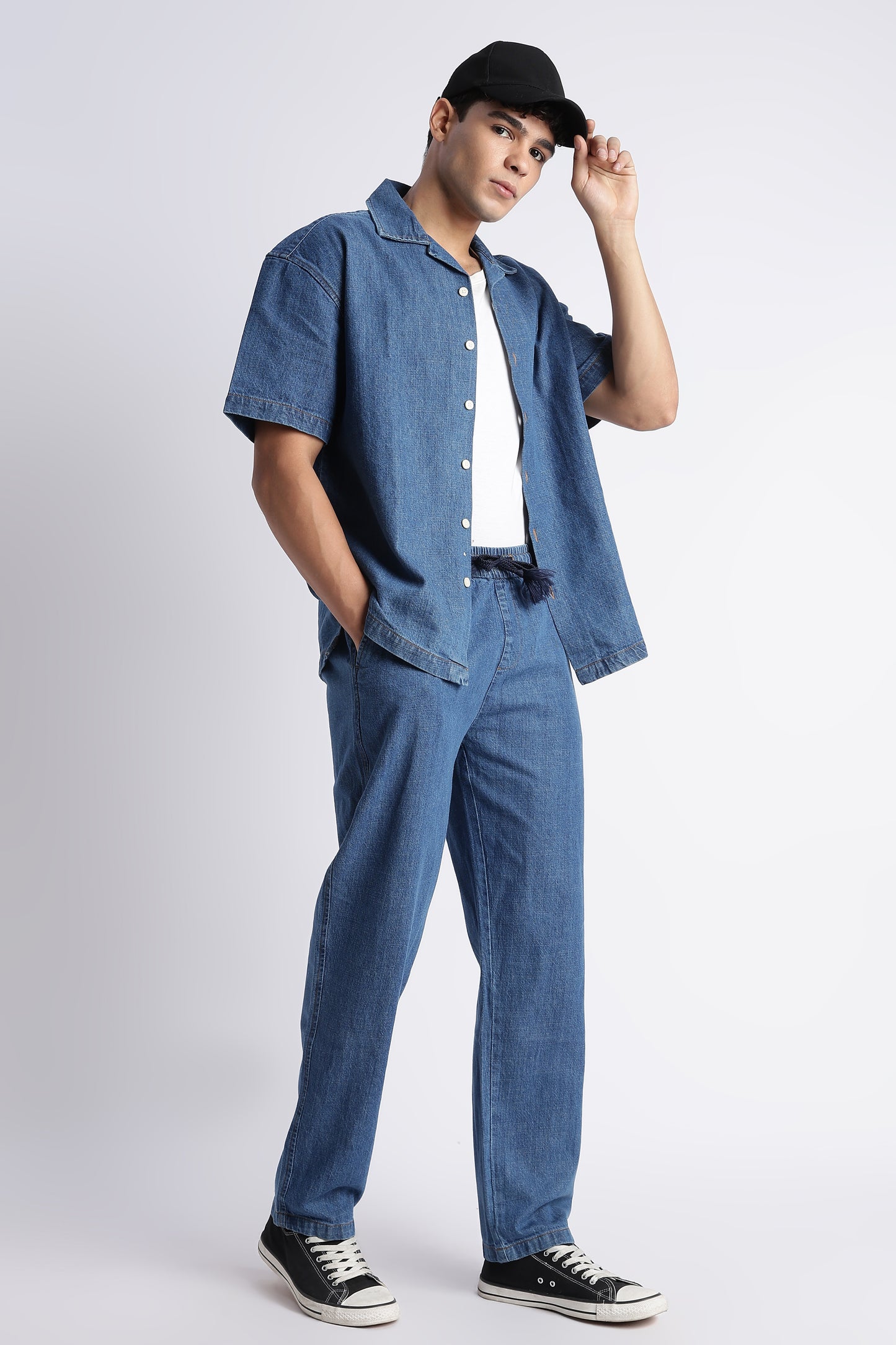 Mid Blue Denim Cuban Collar Shirt