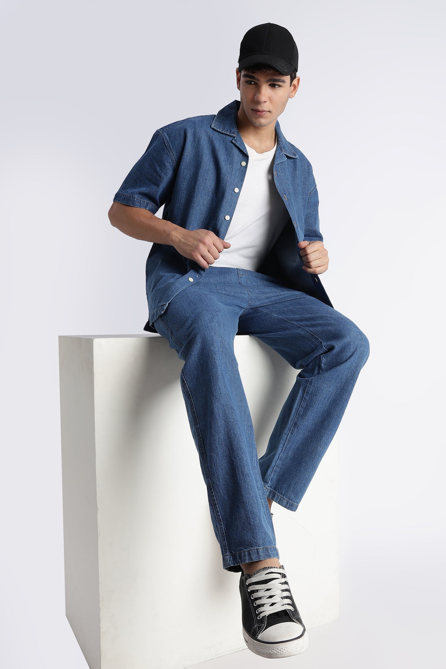Mid Blue Denim Cuban Collar Shirt