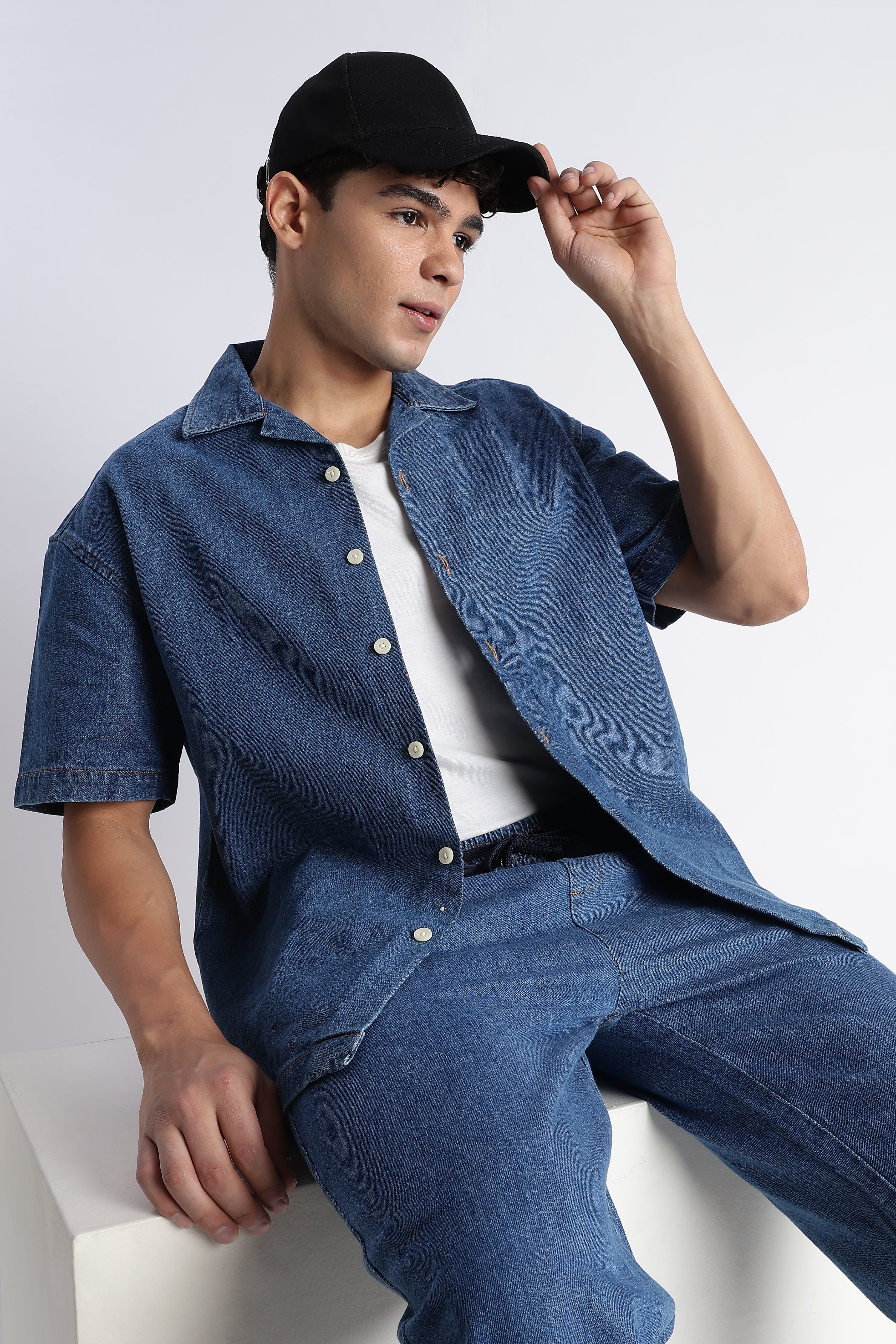 Men's Mid Blue Oversized Denim Cuban Collar Shirt