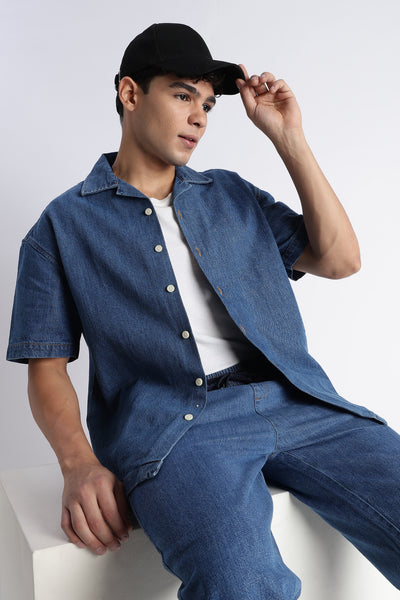 Mid Blue Denim Cuban Collar Shirt