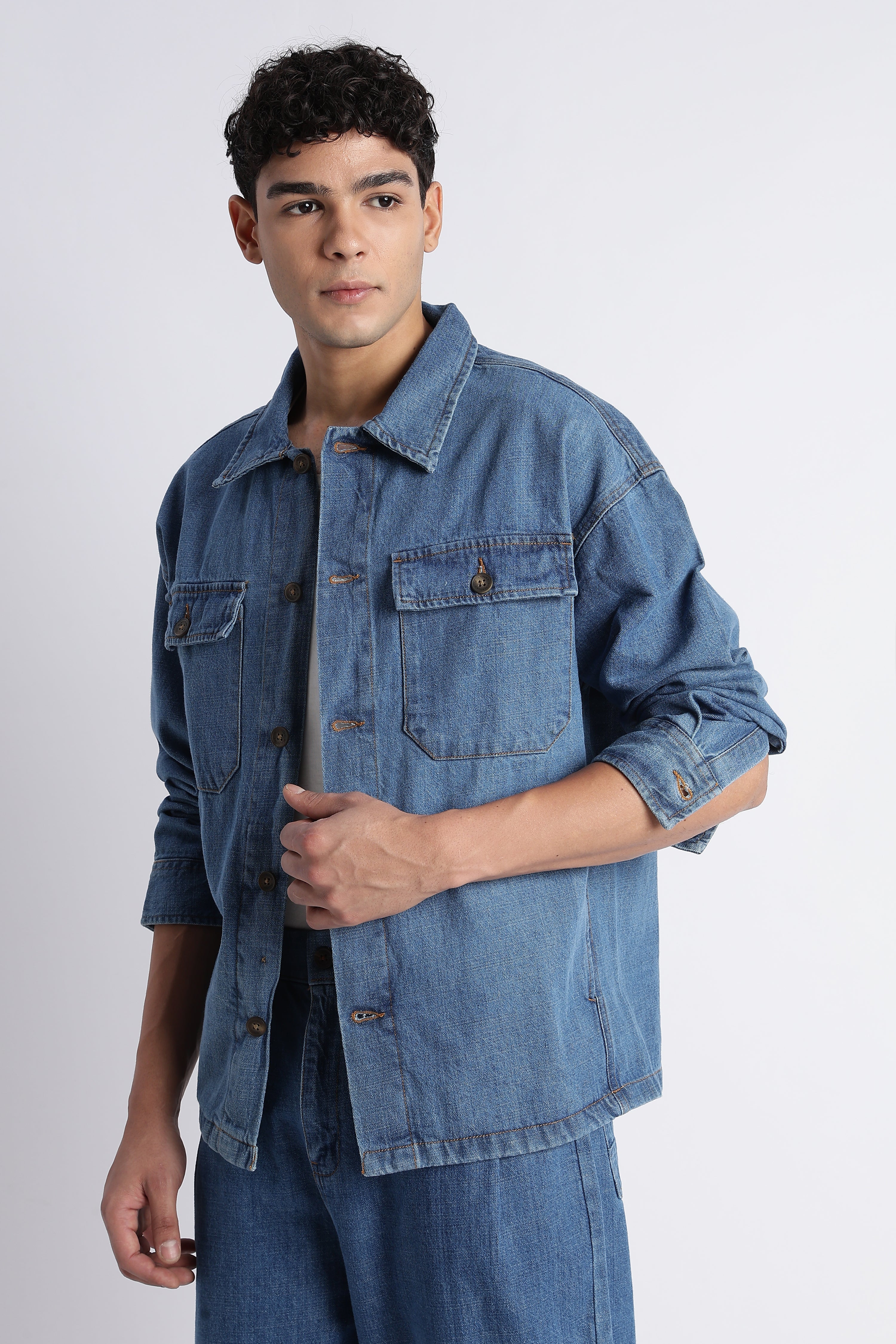 Men's Mid Blue Denim Shacket - Oversized Fit
