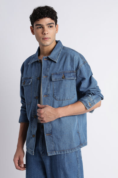 Men's Mid Blue Denim Shacket - Oversized Fit