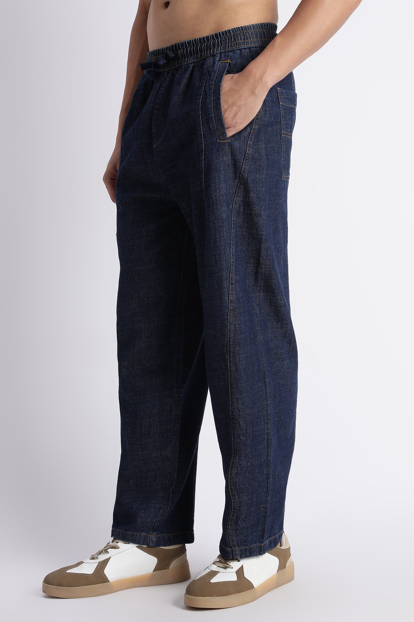 Indigo Wide-Leg Drawstring Denim Pants