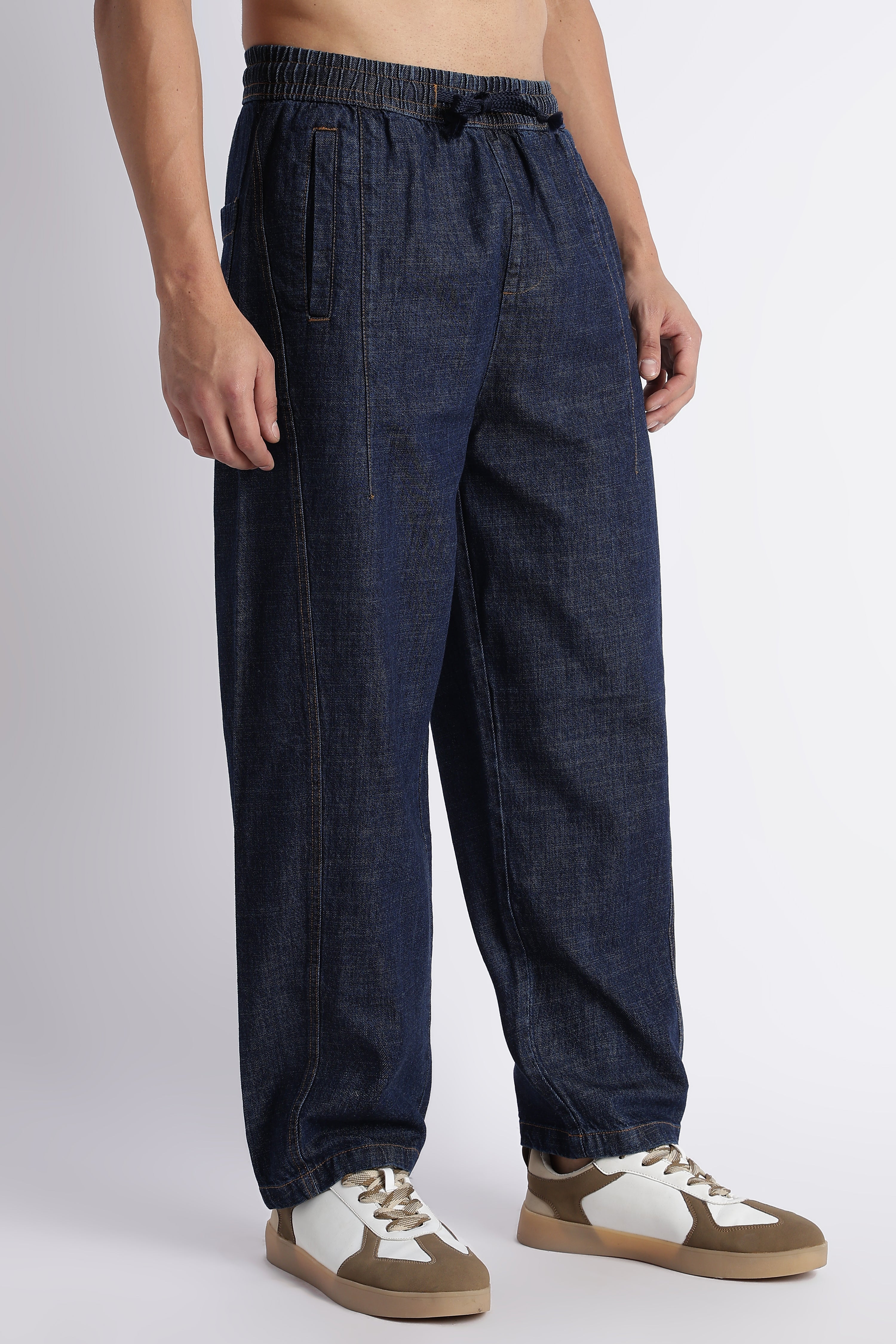Men's Dark Blue Wide Leg Denim Drawstring Pants