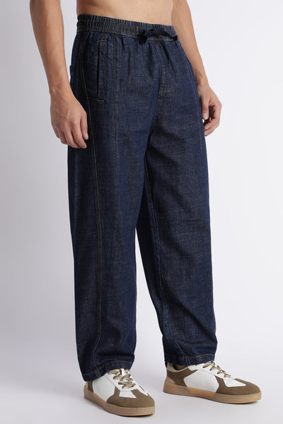 Men's Dark Blue Wide Leg Denim Drawstring Pants
