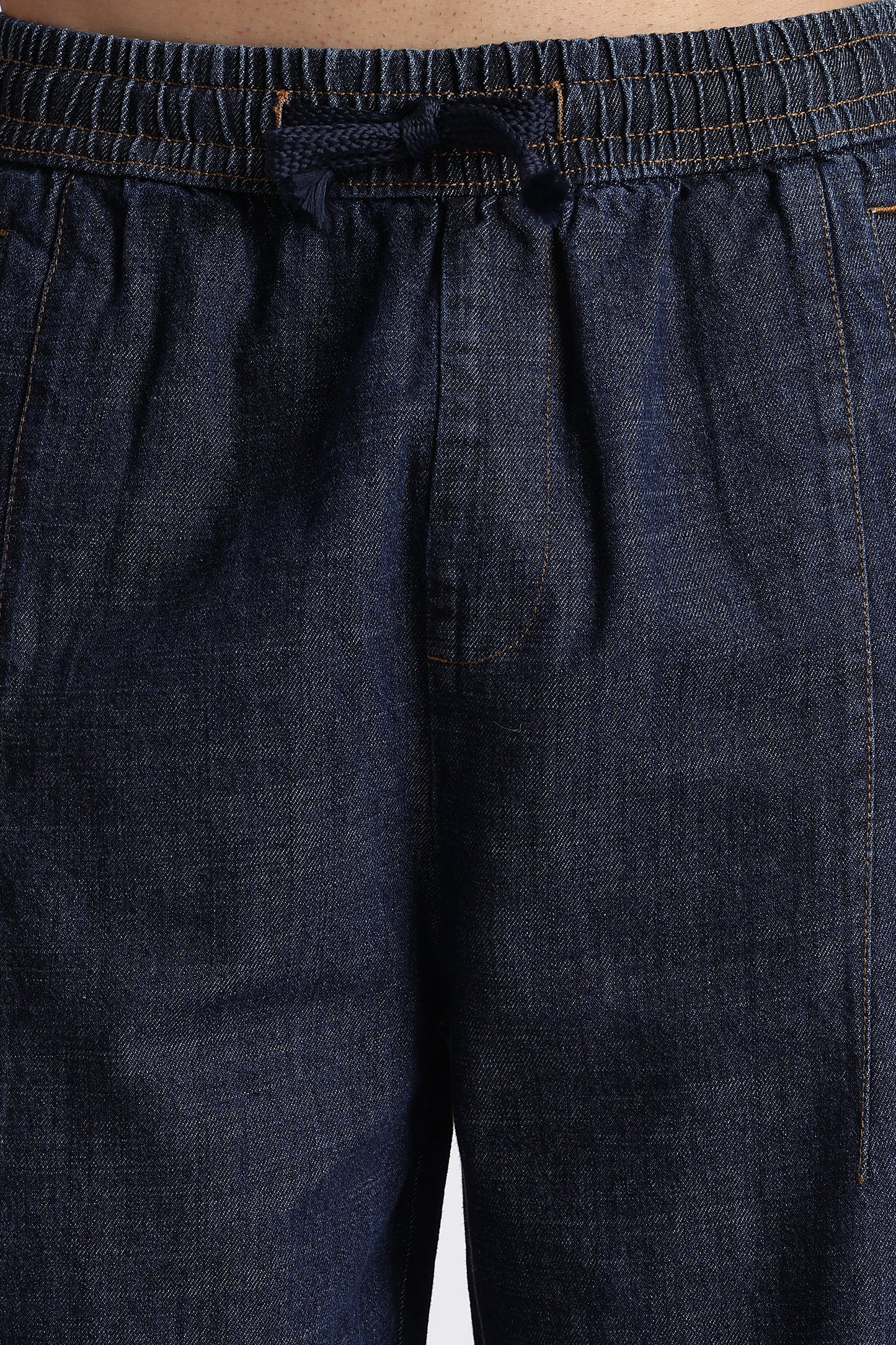 Indigo Wide-Leg Drawstring Denim Pants