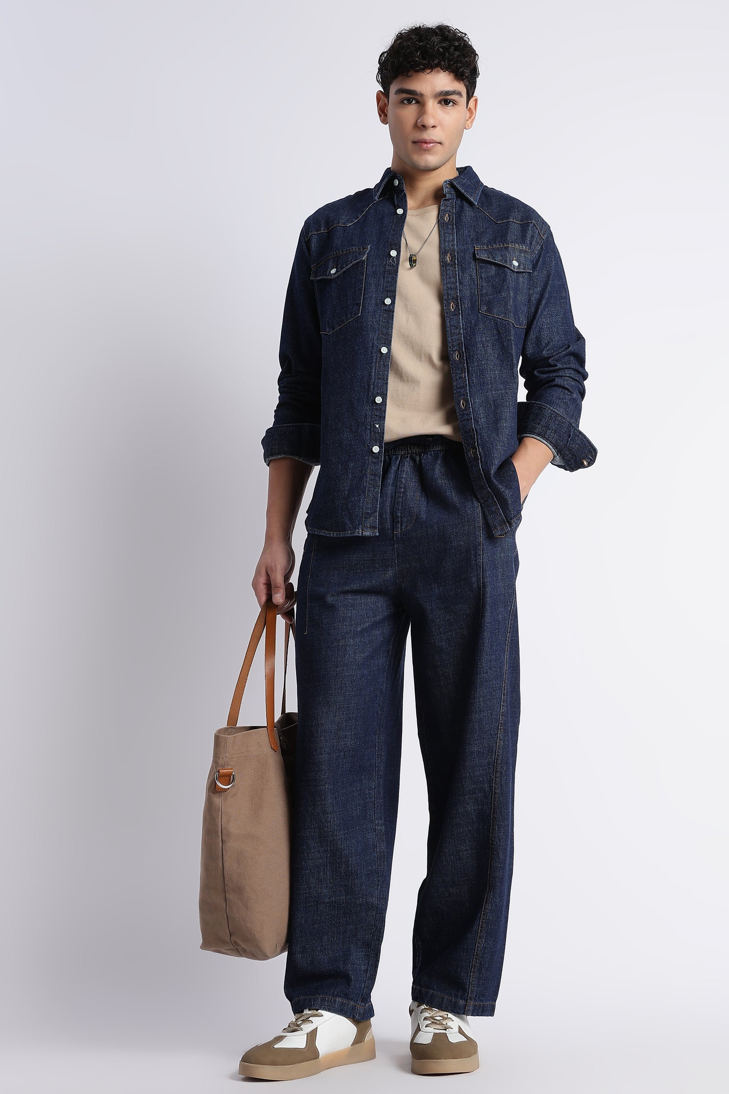 Indigo Wide-Leg Drawstring Denim Pants
