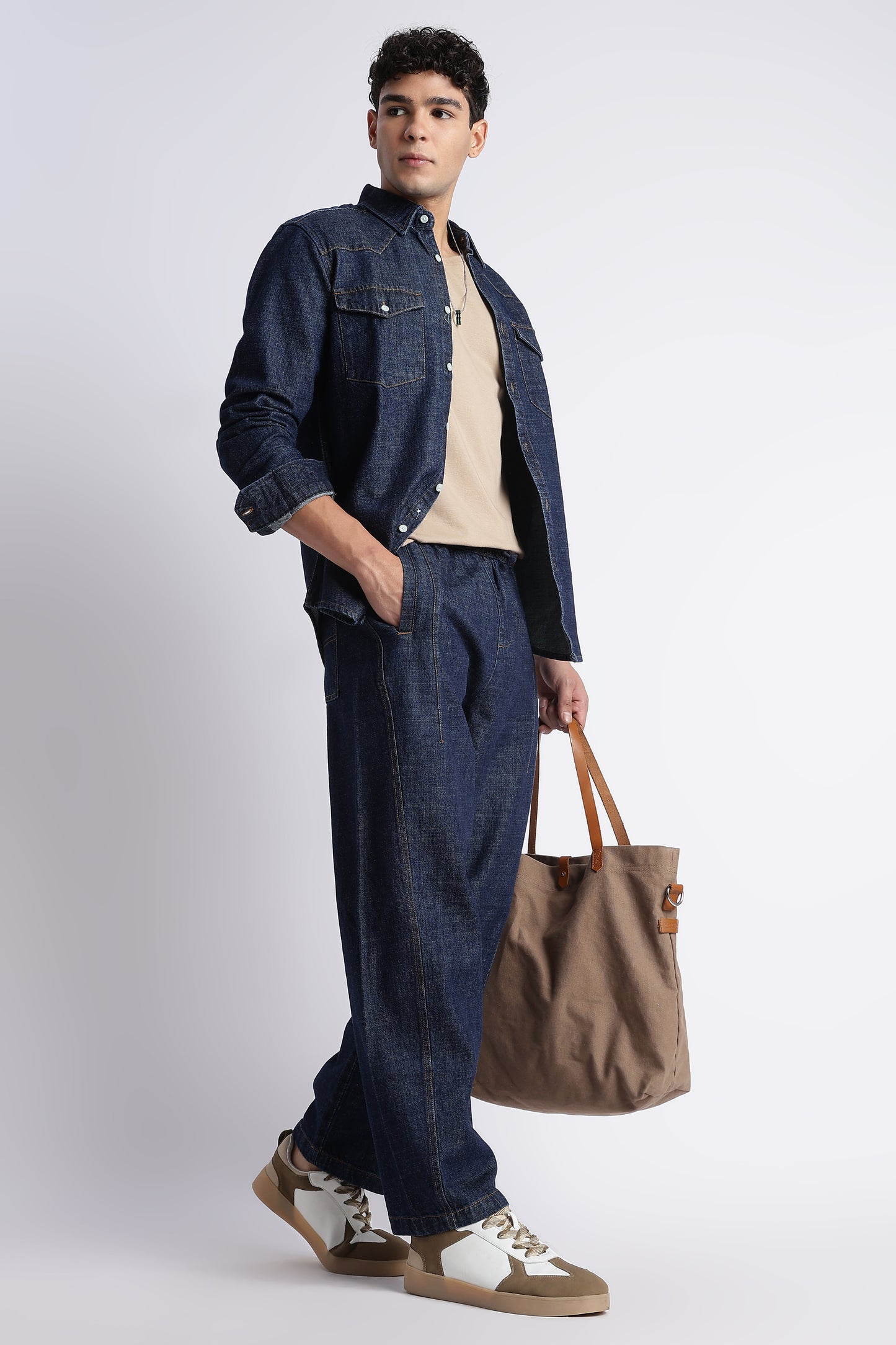 Indigo Wide-Leg Drawstring Denim Pants