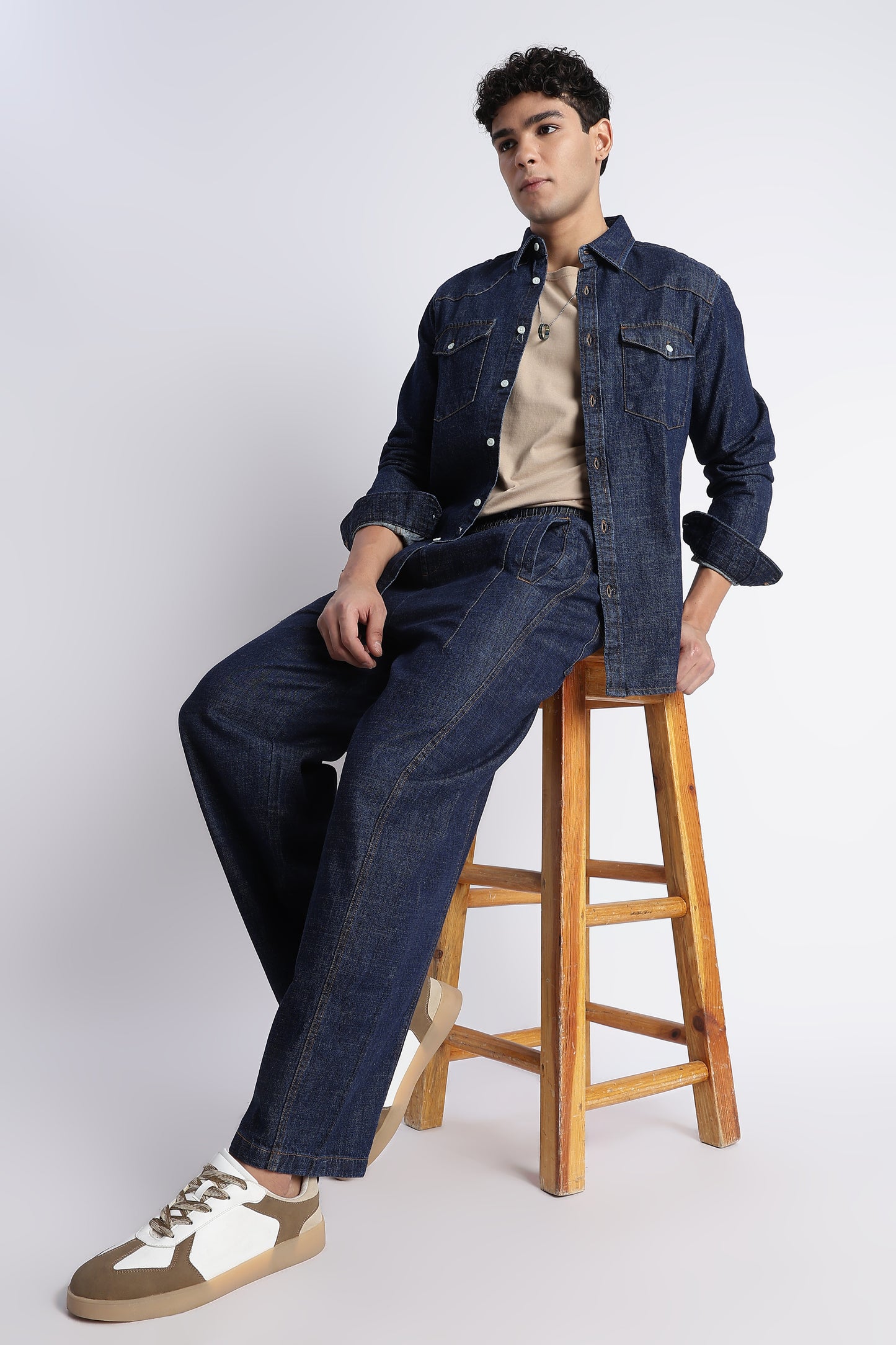 Indigo Wide-Leg Drawstring Denim Pants