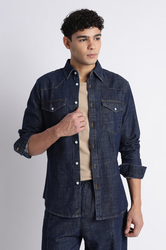 Men's Dark Blue Denim Cargo Shirt - Double Pocket