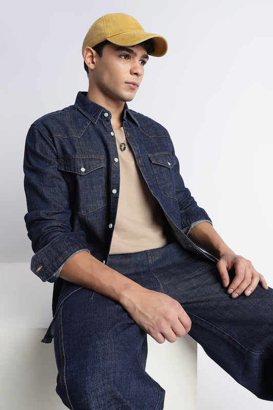 Men's Dark Blue Denim Cargo Shirt - Double Pocket