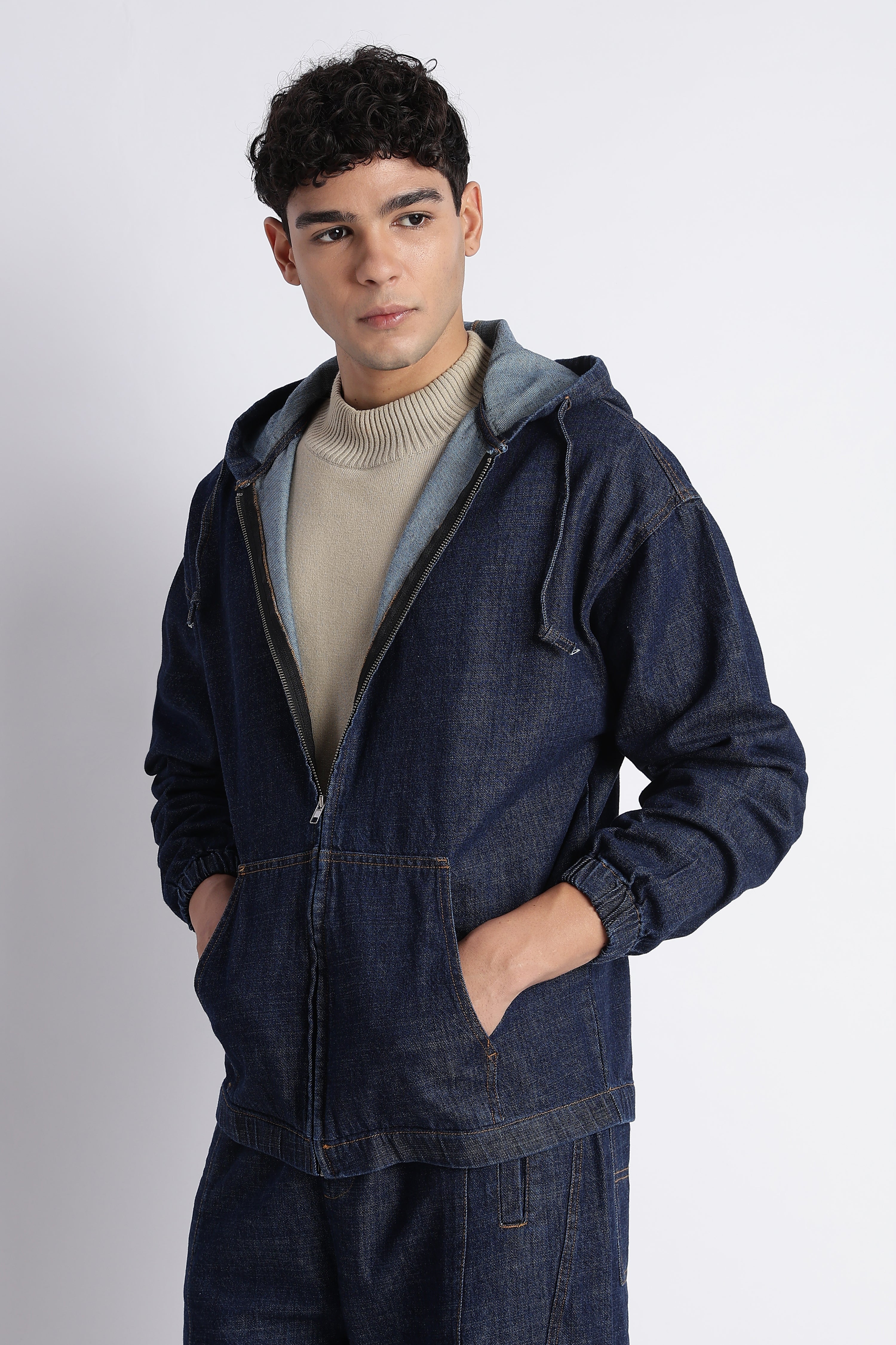 Men's Dark Blue Denim Zipper Hoodie - Relaxed Fit