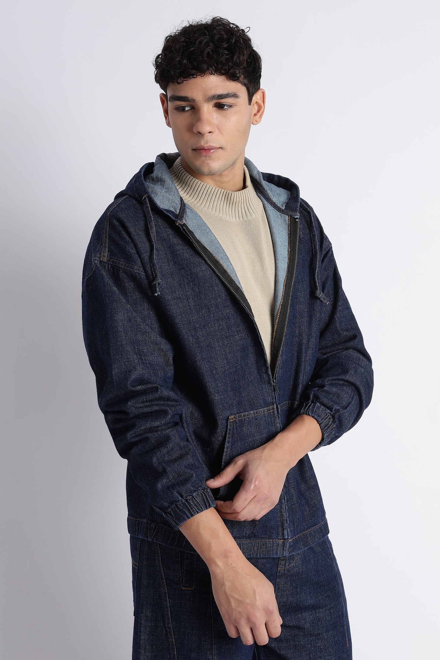 Indigo Denim Zip-Up Hoodie Jacket for Men