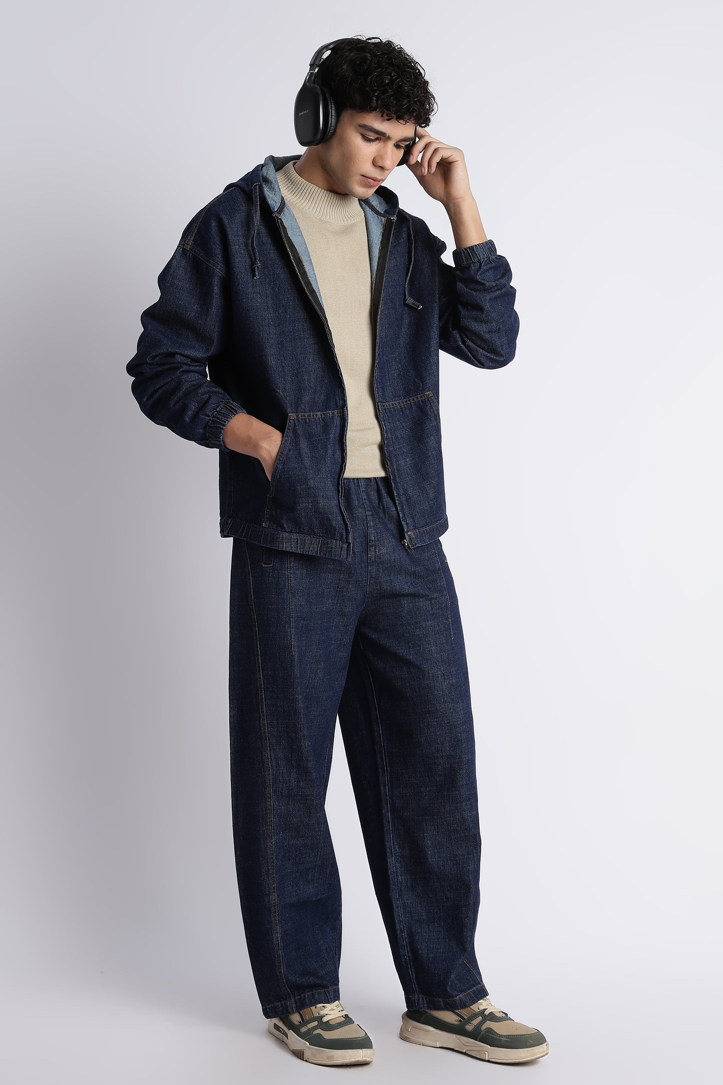 Indigo Denim Zip-Up Hoodie Jacket for Men