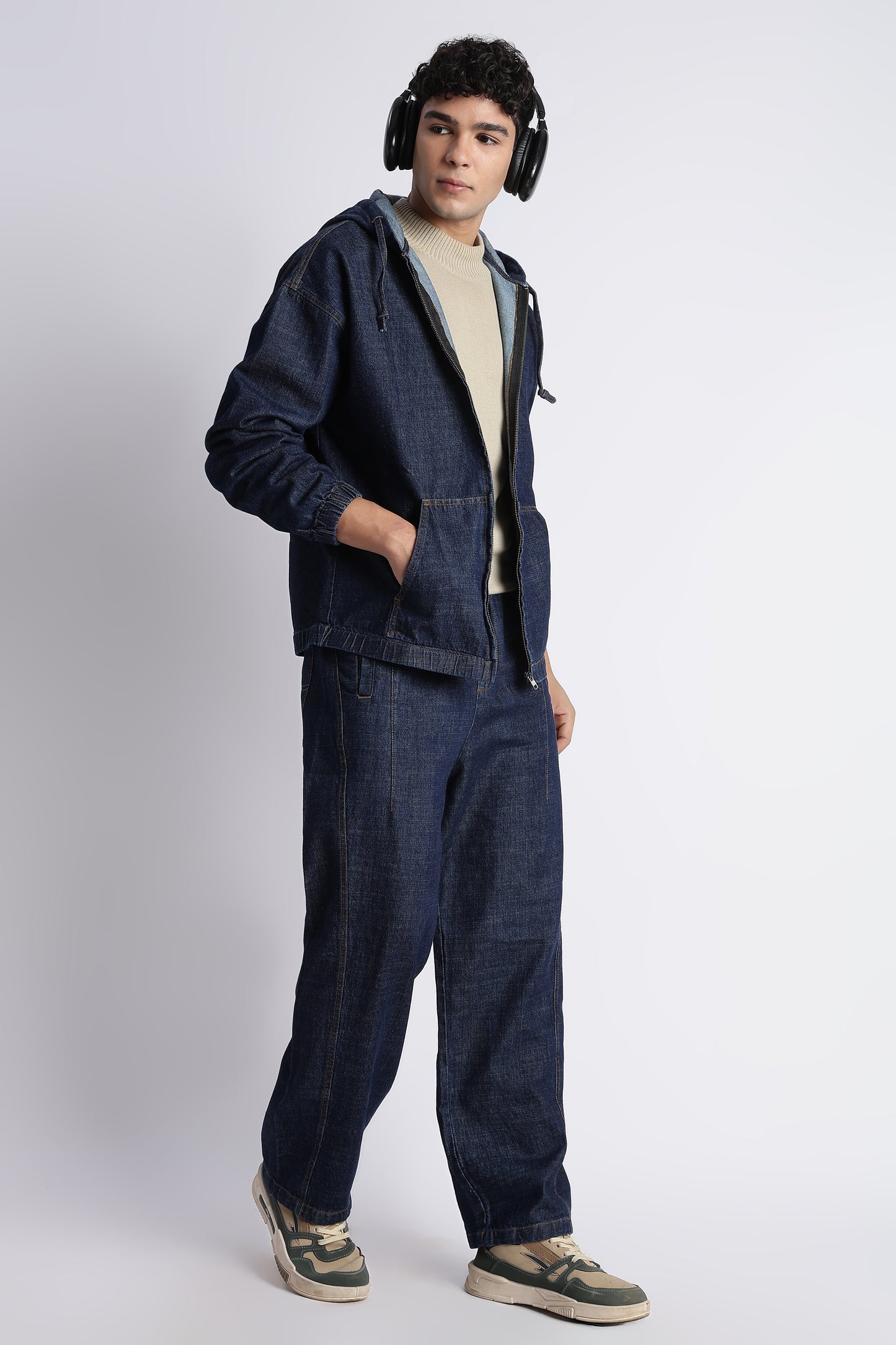 Indigo Denim Zip-Up Hoodie Jacket for Men