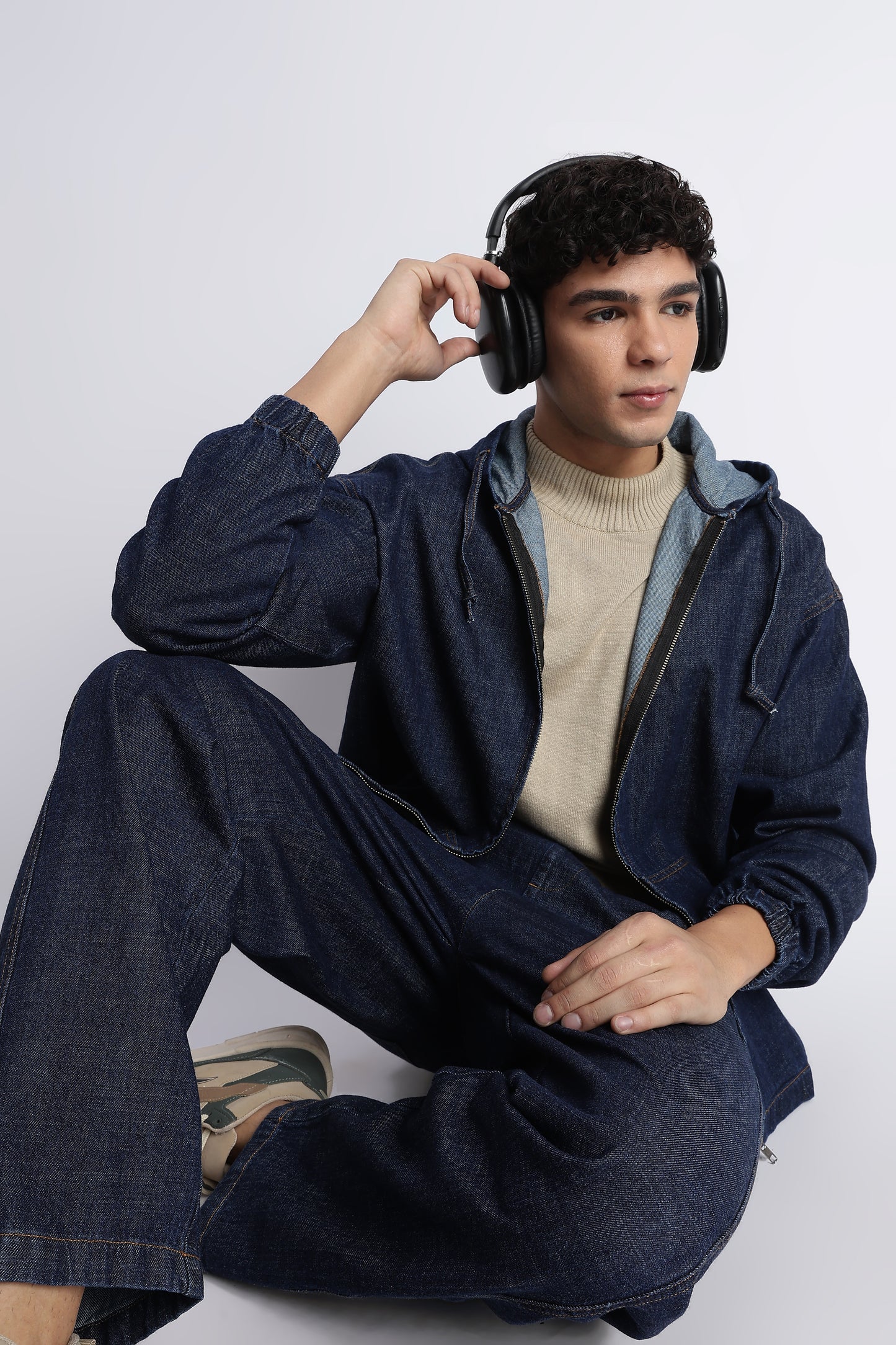 Indigo Denim Zip-Up Hoodie Jacket for Men