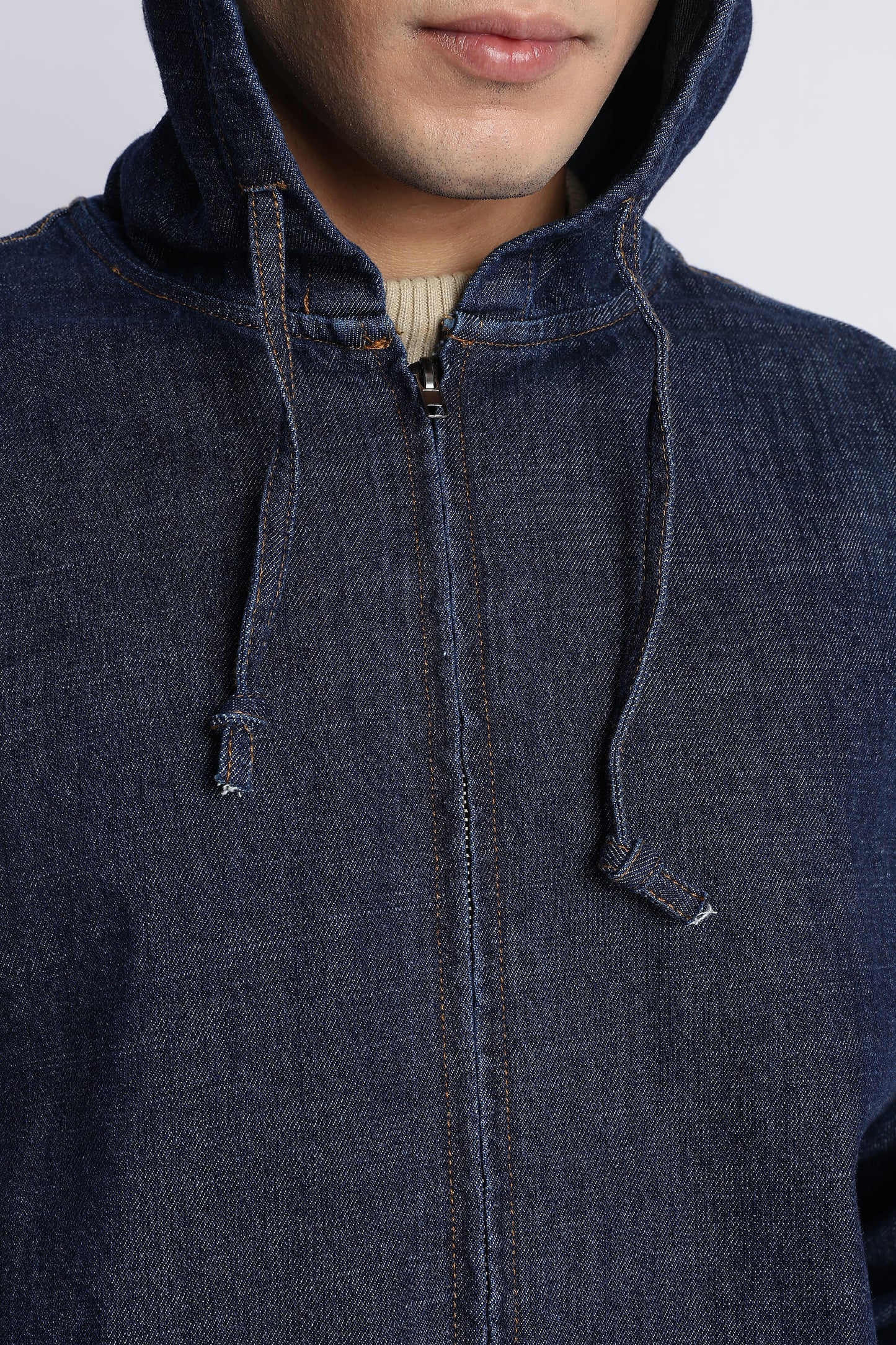 Indigo Denim Zip-Up Hoodie Jacket for Men