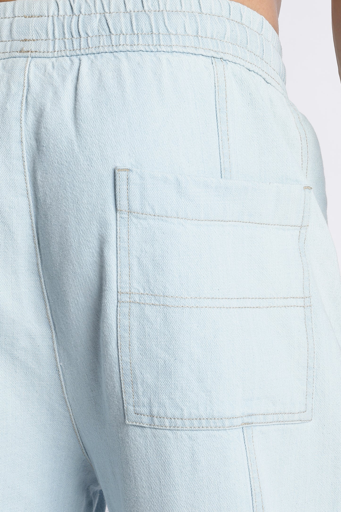 Ice Blue Wide-Leg Drawstring Denim Pants