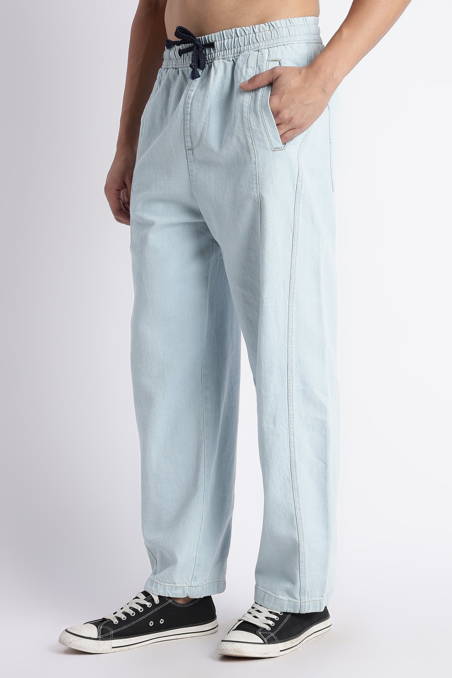 Ice Blue Wide-Leg Drawstring Denim Pants