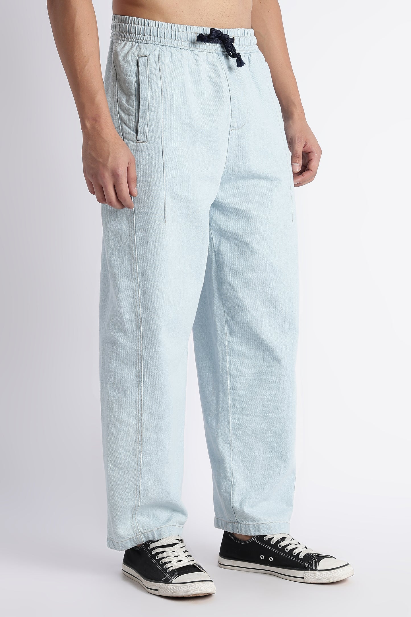 Ice Blue Wide-Leg Drawstring Denim Pants