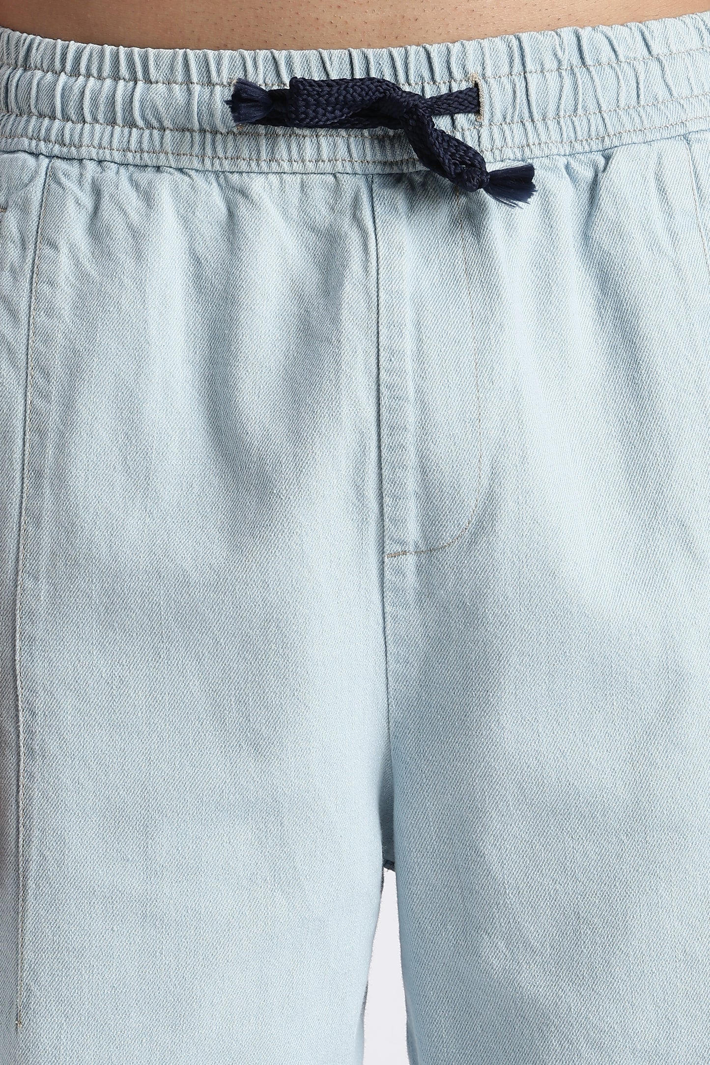 Ice Blue Wide-Leg Drawstring Denim Pants